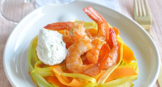 Gambas flambées sur lit de légumes et mousse de petit-suisse - 3142